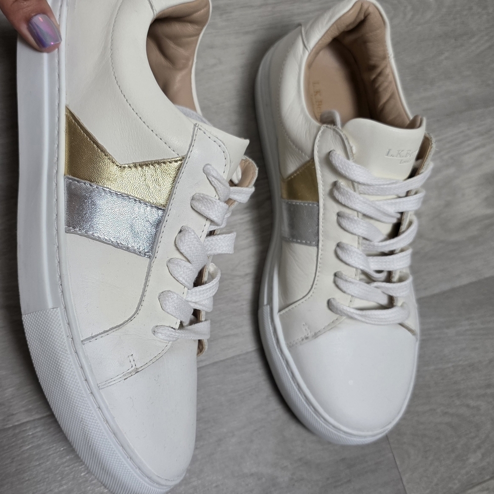L.K. Bennett London White Leather Sneakers Gold Silver Detail Size 40 Women - Picture 3 of 9
